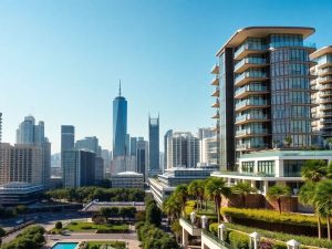 Peisaj urban de lux cu clădiri moderne.