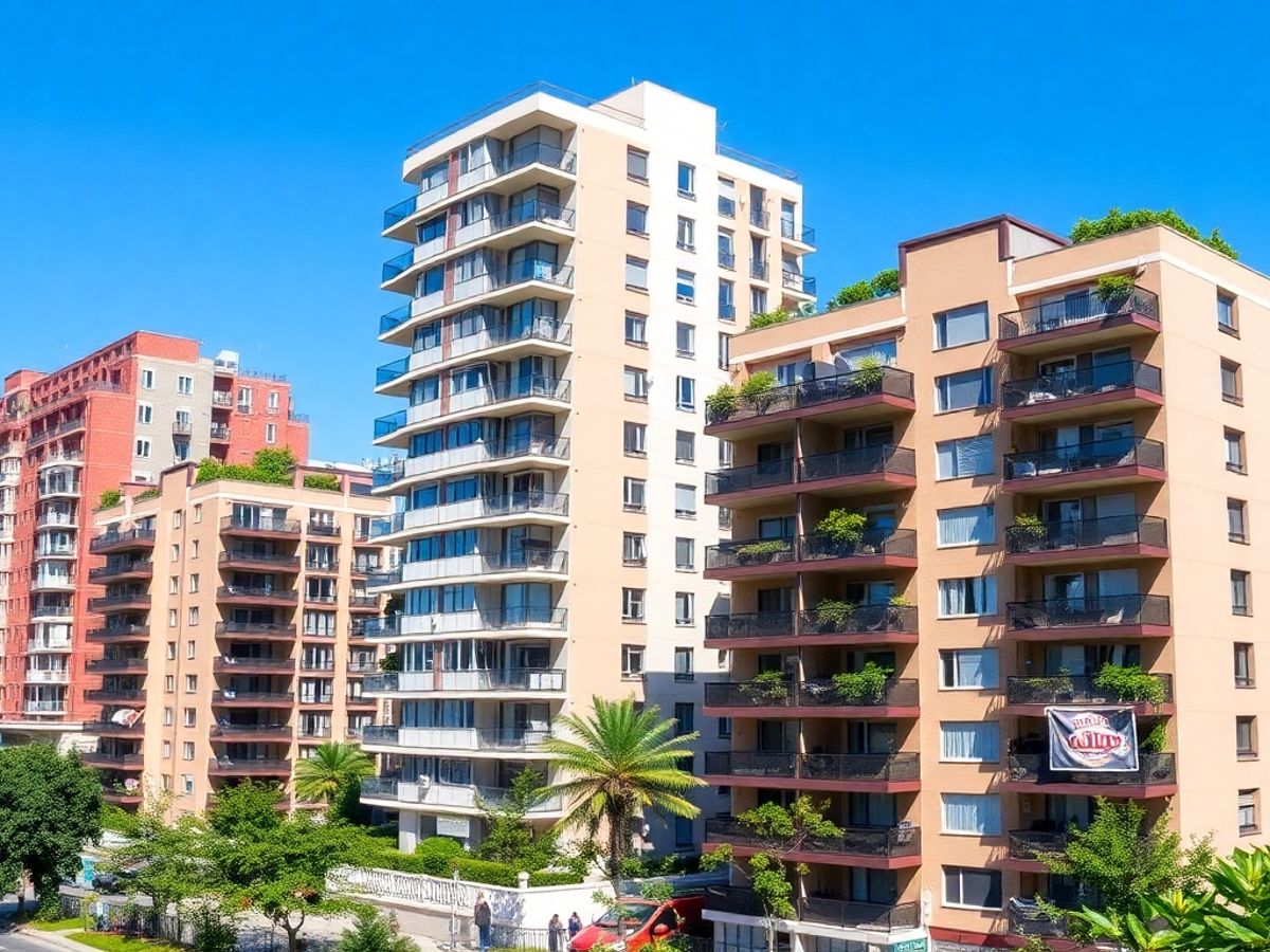 Clădiri moderne în oraș cu verdeață și cer senin.