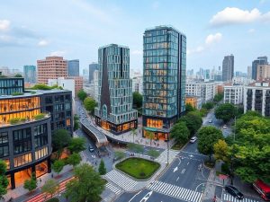 Peisaj urban modern cu clădiri și străzi aglomerate.