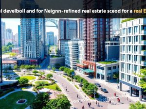 Peisaj urban modern cu arhitectură și spații verzi.