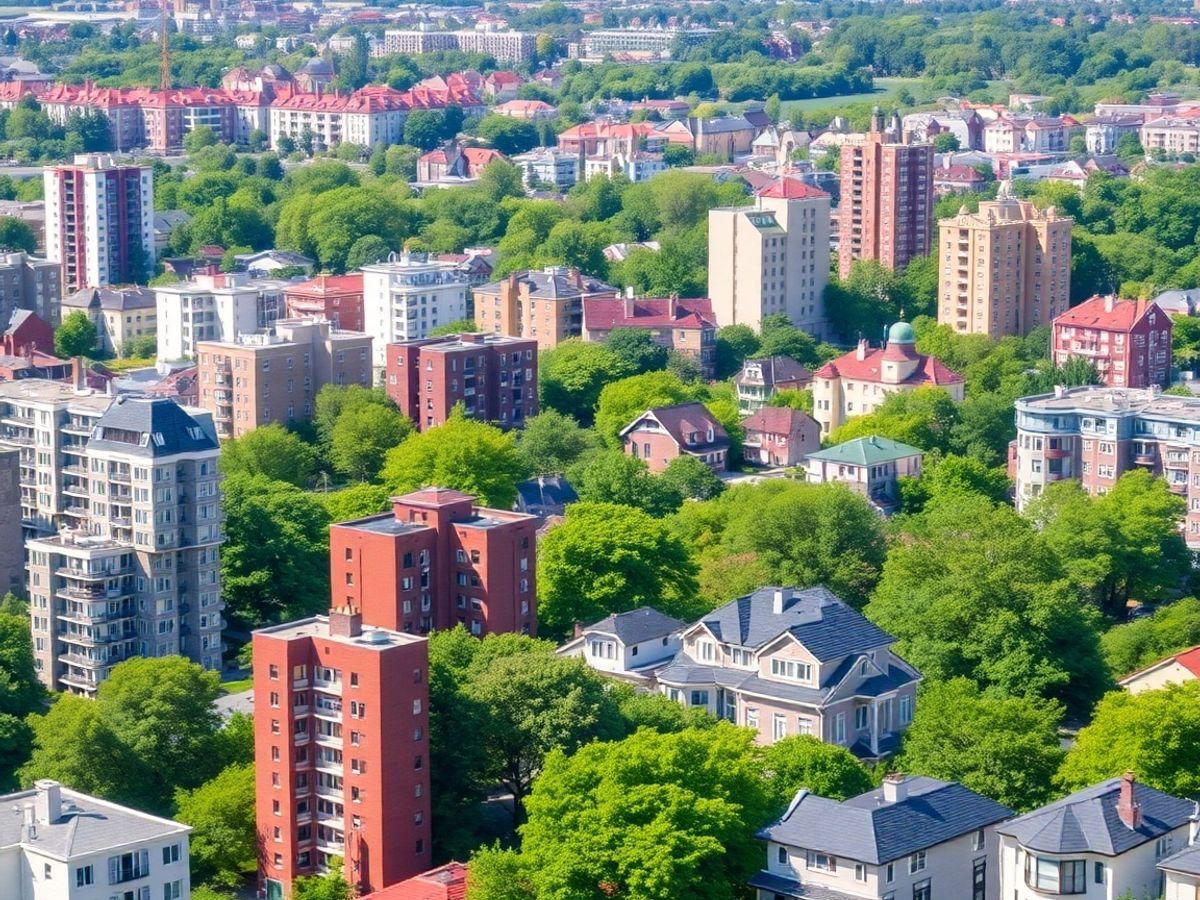 Peisaj urban cu clădiri rezidențiale diverse.