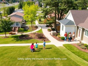 Cartier sigur pentru familii, cu case și parcuri verzi.