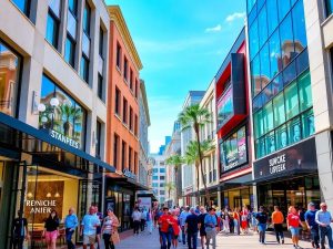 Spații comerciale de lux într-un oraș animat.