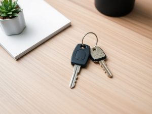 Cheie modernă de apartament pe o masă de lemn.