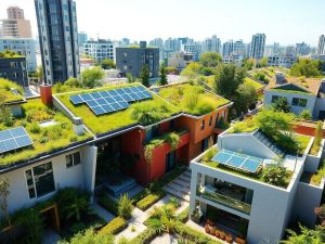 Locuințe ecologice moderne în peisaj urban vibrant.