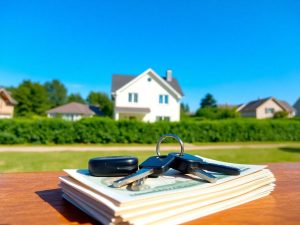 Casă modernă, chei, teancuri de bani