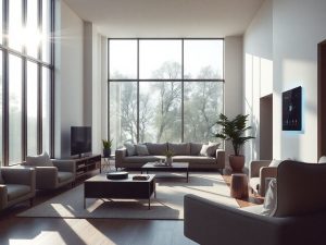 Casă modernă cu tehnologie inteligentă integrată.