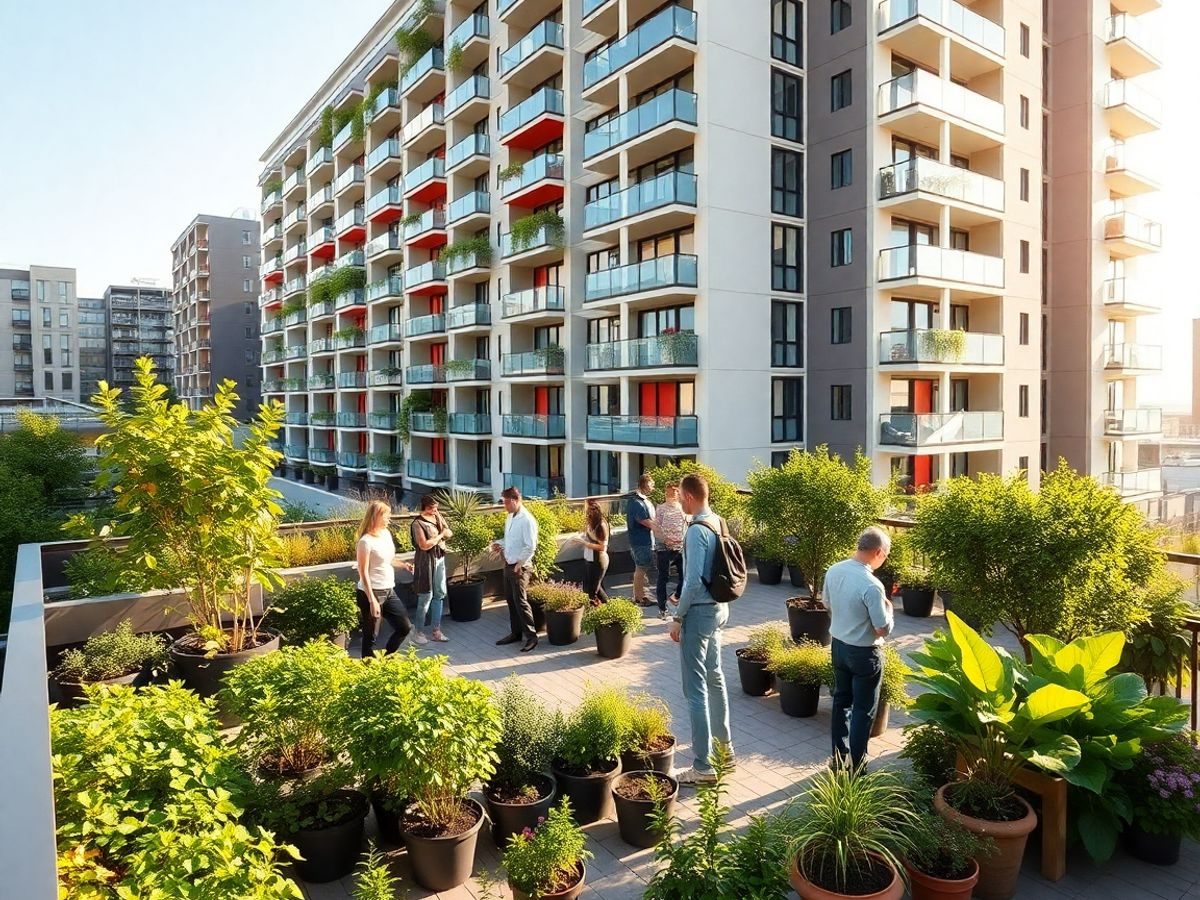 Oameni zâmbitori pe acoperișul unui bloc elegant.