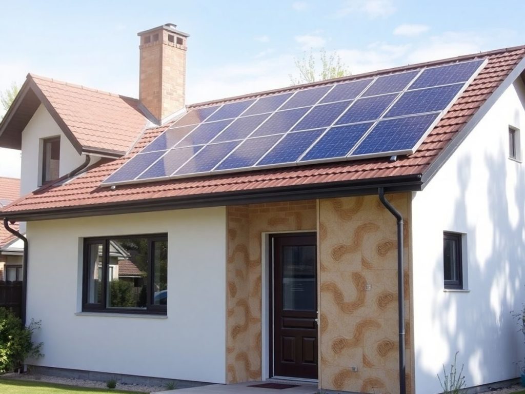 Casă modernă cu panouri solare și izolație vizibilă.