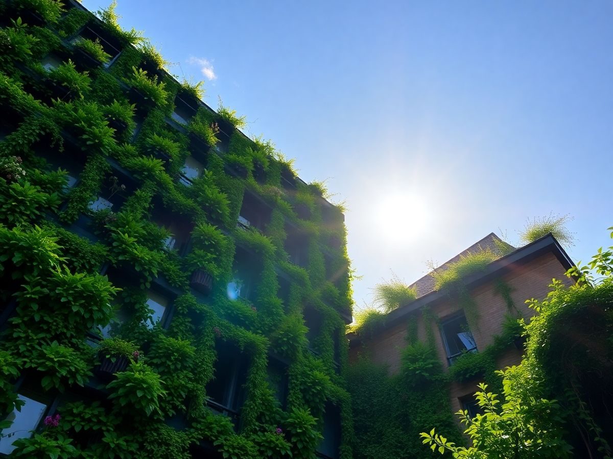 Clădiri verzi cu vegetație prosperă.