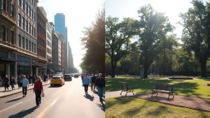 Contrast între agitația urbană și liniștea parcului.